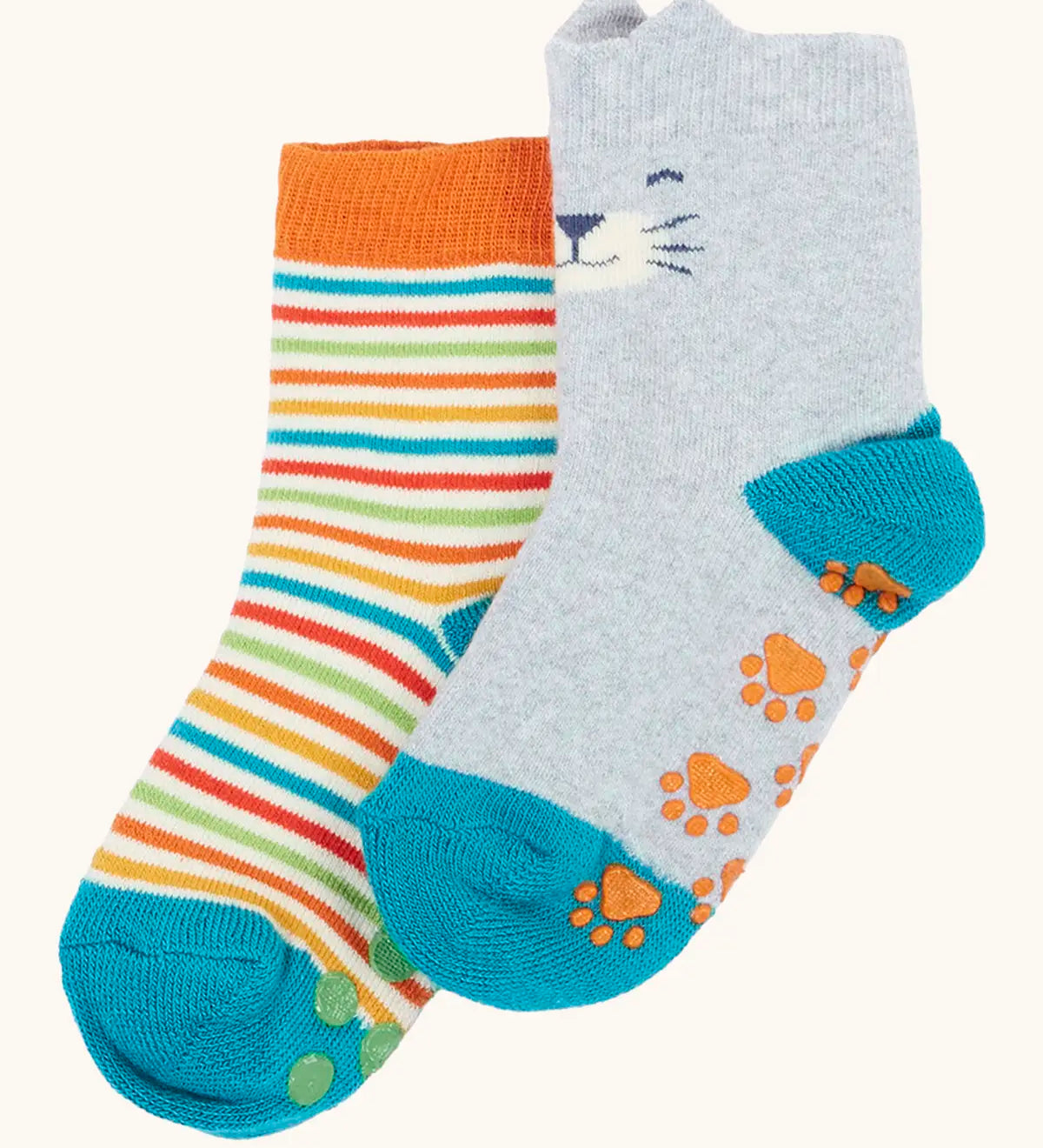 Frugi GOTS 100% organic cotton fun fold over 2 pack socks in a colourful striped design and another in grey with a cat's face on the cuff