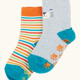 Frugi GOTS 100% organic cotton fun fold over 2 pack socks in a colourful striped design and another in grey with a cat's face on the cuff