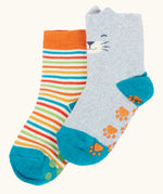 Frugi GOTS 100% organic cotton fun fold over 2 pack socks in a colourful striped design and another in grey with a cat's face on the cuff