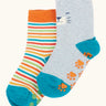 Frugi GOTS 100% organic cotton fun fold over 2 pack socks in a colourful striped design and another in grey with a cat's face on the cuff