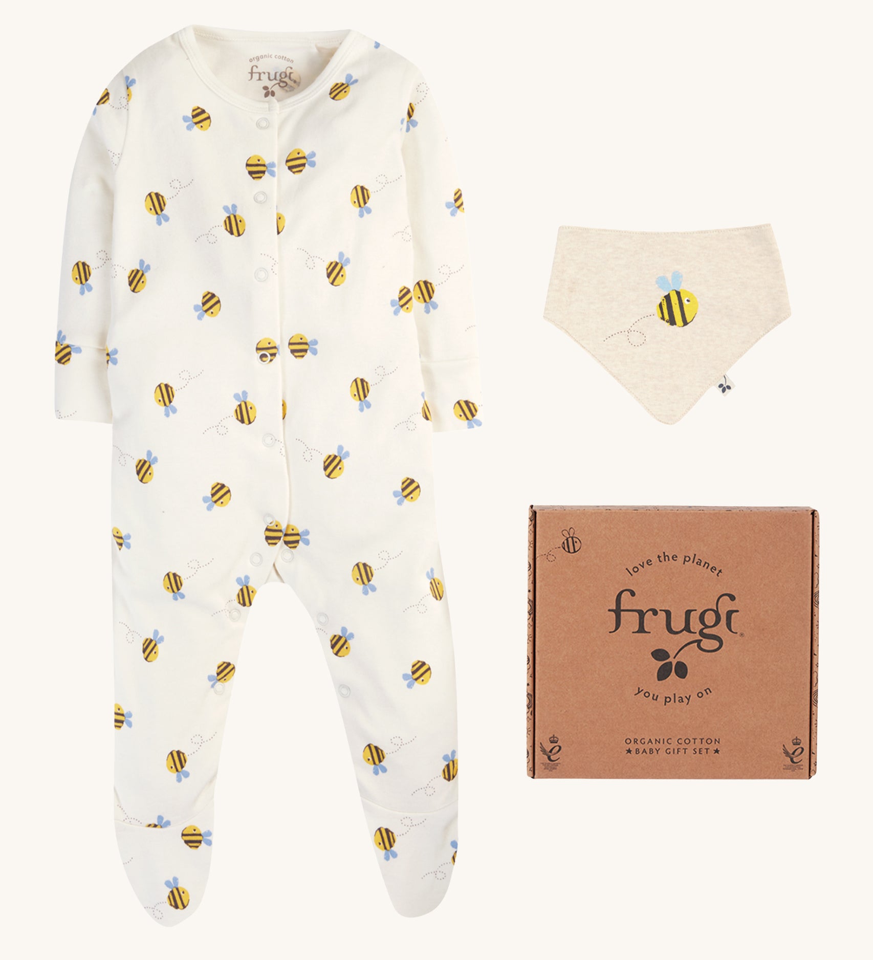 Frugi Baby Gift Set - Buzzy Bee. Gift set includes a babygrow, a bib and a gift box