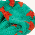 A closer look at the hood on the Frugi Cosy Ted Snuggle Suit - Bonfire Stars, showing the soft, teddy ears on top