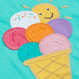 Frugi Harmony circular t-shirt in aqua laid flat showing the ice cream patch 