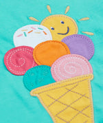 Frugi Harmony circular t-shirt in aqua laid flat showing the ice cream patch 