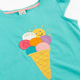 Frugi Harmony circular t-shirt in aqua laid flat showing the ice cream patch on the front and a frill on the shoulders