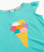 Frugi Harmony circular t-shirt in aqua laid flat showing the ice cream patch on the front and a frill on the shoulders