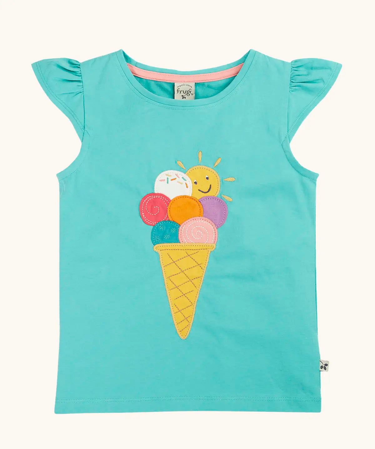 Frugi GOTS organic cotton Harmony circular t-shirt in aqua with a ice cream patch on the front and a frill on the shoulders