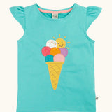 Frugi GOTS organic cotton Harmony circular t-shirt in aqua with a ice cream patch on the front and a frill on the shoulders