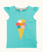 Frugi GOTS organic cotton Harmony circular t-shirt in aqua with a ice cream patch on the front and a frill on the shoulders
