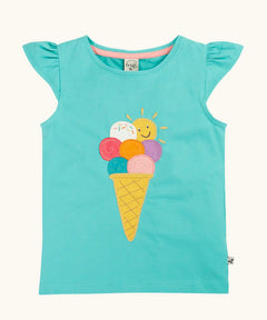 Frugi GOTS organic cotton Harmony circular t-shirt in aqua with a ice cream patch on the front and a frill on the shoulders