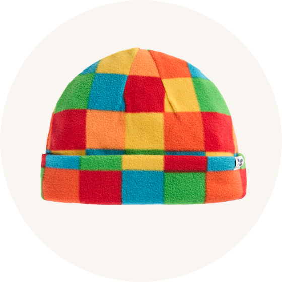Frugi Drift Kaleidoscope Fleece Hat in rainbow checkerboard print to represent Frugi hats and gloves at Babipur.