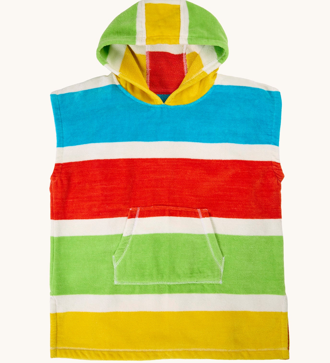 Frugi towelling hooded swim towel in bold bright coloured stripes. Features a pouch pocket on the front.