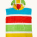 Frugi towelling hooded swim towel in bold bright coloured stripes. Features a pouch pocket on the front.