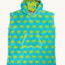 Frugi hooded towel in bright turquoise with a repeating yellow smiling sun and a pouch pocket on the front.