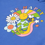 A closer look at the Be Happy print on the front of the Frugi Lissie Oversized Hoodie - Blue Tang/Be Happy. This includes a bee, planet earth, a plant, a rainbow, smiling flowers and a smiling sun with the words "Be Happy" above on soft, blue fabric.