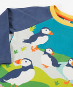 Frugi horizon raglan long sleeve organic cotton top laid flat showing close up of a playful puffin design on the front 