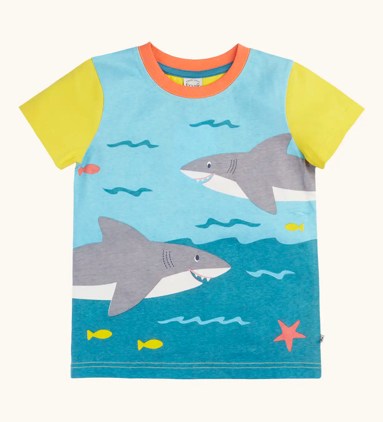 Frugi GOTS organic cotton Iori hotchpotch swimming sharks design with yellow short sleeves t-shirt and orange collar trim