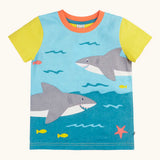 Frugi GOTS organic cotton Iori hotchpotch swimming sharks design with yellow short sleeves t-shirt and orange collar trim