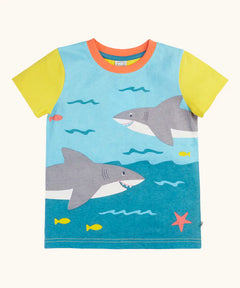 Frugi GOTS organic cotton Iori hotchpotch swimming sharks design with yellow short sleeves t-shirt and orange collar trim