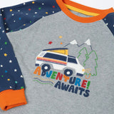 Frugi GOTS organic cotton jamie jim jams top showing a close up of the van applique on the front and navy with repeating stars 