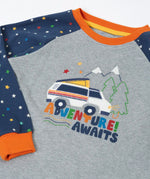 Frugi GOTS organic cotton jamie jim jams top showing a close up of the van applique on the front and navy with repeating stars 