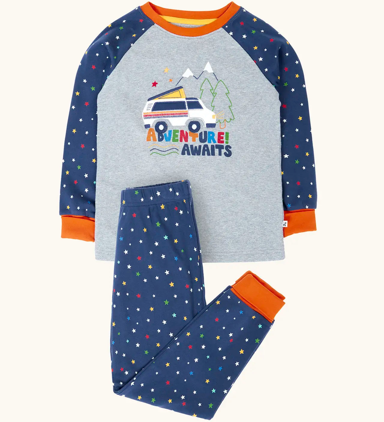 Frugi GOTS organic cotton jamie jim jams stars print van applique organic cotton navy and grey pyjamas with fold down cuffs for extended wear.