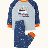 Frugi GOTS organic cotton jamie jim jams stars print van applique organic cotton navy and grey pyjamas with fold down cuffs for extended wear.