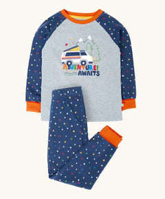 Frugi GOTS organic cotton jamie jim jams stars print van applique organic cotton navy and grey pyjamas with fold down cuffs for extended wear.