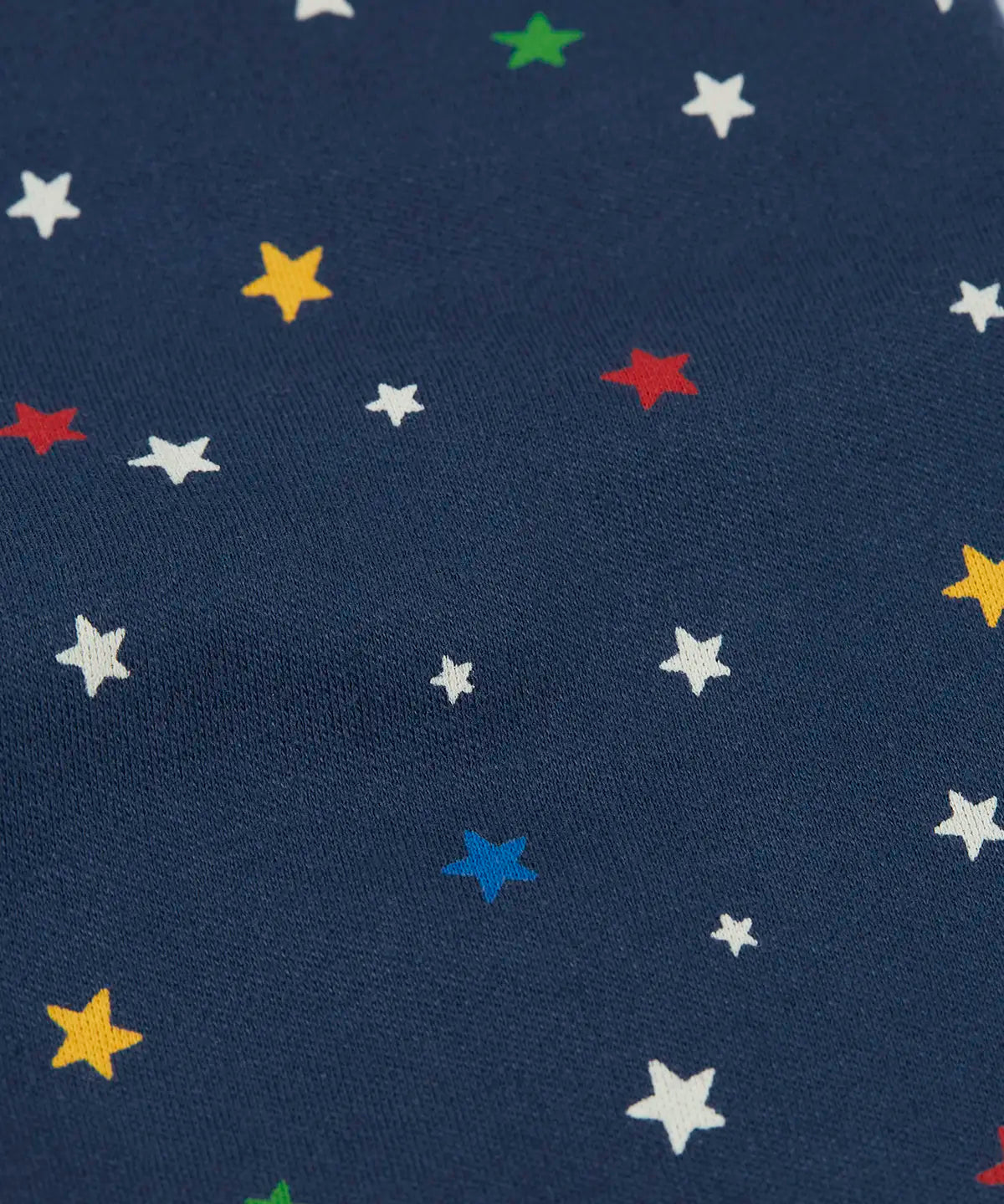 Frugi jamie jim jams top showing a close up of repeating stars design on navy organic cotton fabric
