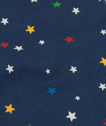 Frugi jamie jim jams top showing a close up of repeating stars design on navy organic cotton fabric