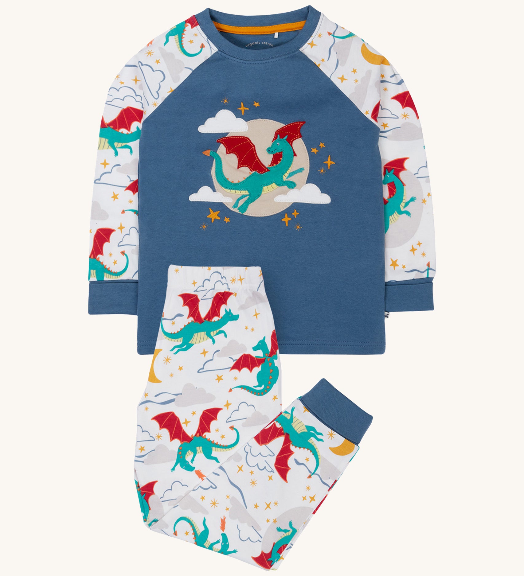 Frugi Jamie jim jams in dragon skies available at Babipur. A GOTS organic cotton 2 piece pyjama set with a flying green dragon design.