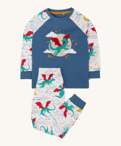 Frugi Jamie jim jams in dragon skies available at Babipur. A GOTS organic cotton 2 piece pyjama set with a flying green dragon design.