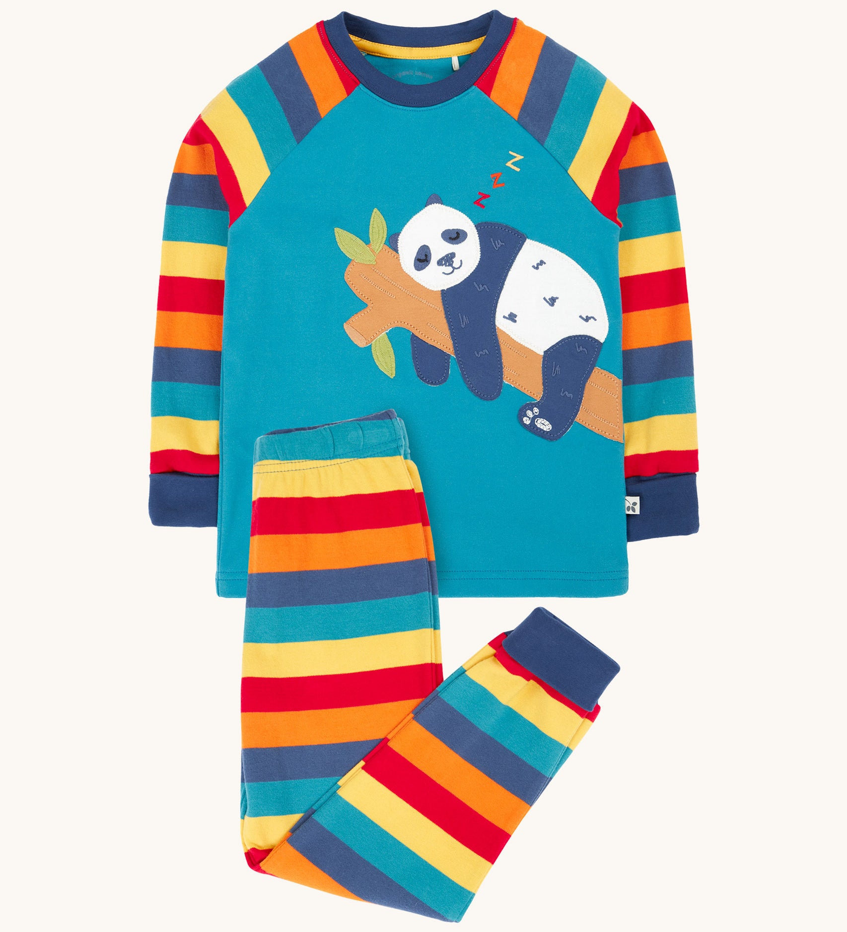 Frugi Jamie jim jams in rainbow stripe/panda design available at Babipur. A GOTS organic cotton 2 piece pyjama set with a sleeping panda applique on the top and rainbow striped bottoms