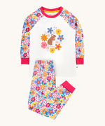 Frugi Jamie jim jams in retro floral/mouse design available at Babipur. A GOTS organic cotton 2 piece pyjama set with a cute brown mouse applique on the top and a retro floral design on the bottoms