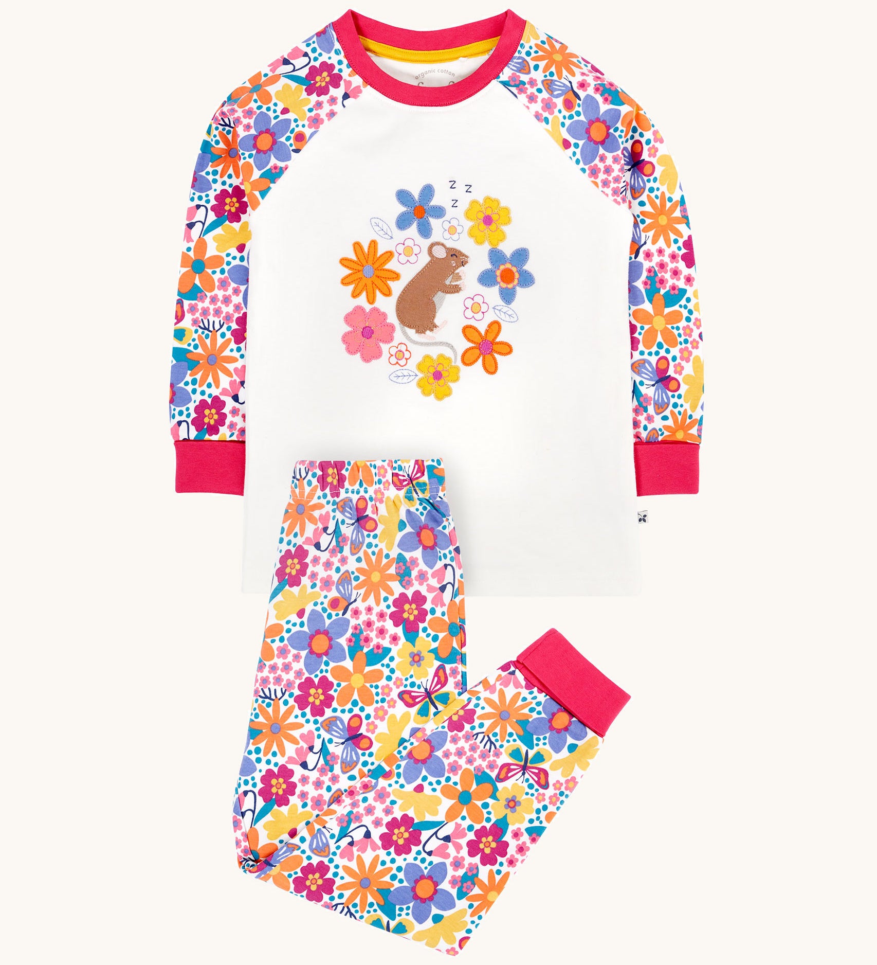 Frugi Jamie jim jams in retro floral/mouse design available at Babipur. A GOTS organic cotton 2 piece pyjama set with a cute brown mouse applique on the top and a retro floral design on the bottoms