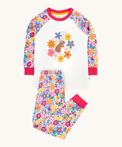 Frugi Jamie jim jams in retro floral/mouse design available at Babipur. A GOTS organic cotton 2 piece pyjama set with a cute brown mouse applique on the top and a retro floral design on the bottoms