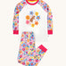 Frugi Jamie jim jams in retro floral/mouse design available at Babipur. A GOTS organic cotton 2 piece pyjama set with a cute brown mouse applique on the top and a retro floral design on the bottoms