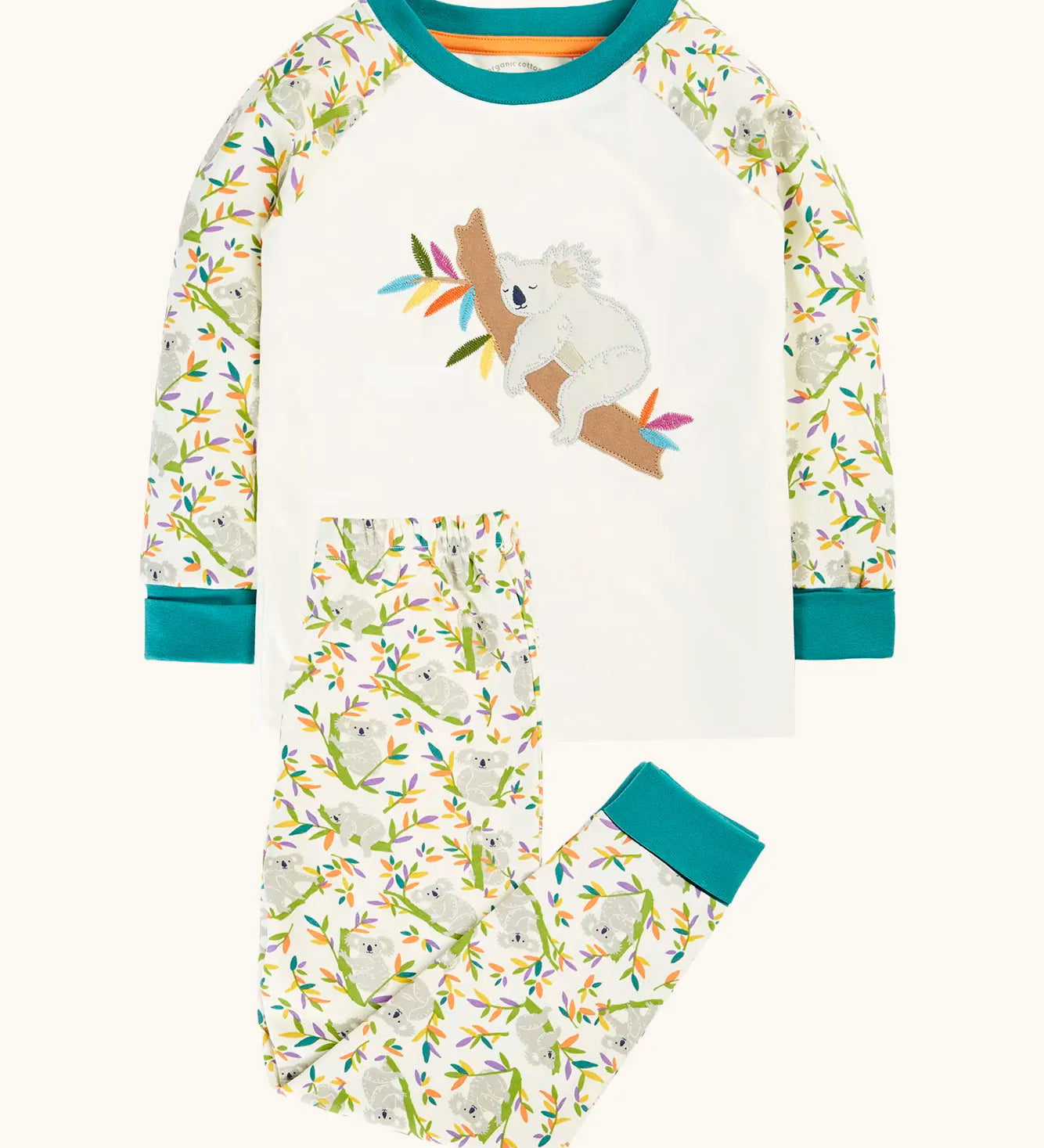 Frugi jamie jim jams rainbow koala cuddles print organic cotton pyjamas with fold down cuffs for extended wear.