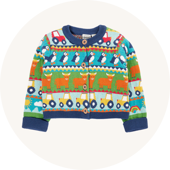 Frugi Organic Cotton Robyn Fairisle Cardigan in Farm, puffin and Highland cow design to represent Frugi baby and children's clothing at Babipur.