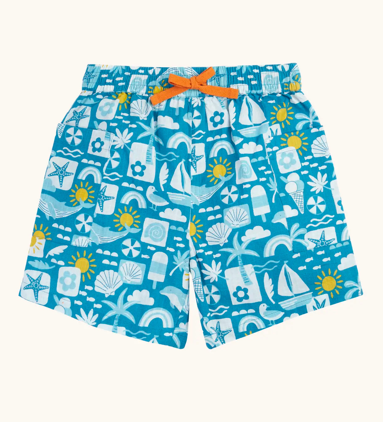 Frugi GOTS organic cotton Kai shorts in blue with repeating beach inspired designs and orange waist cord