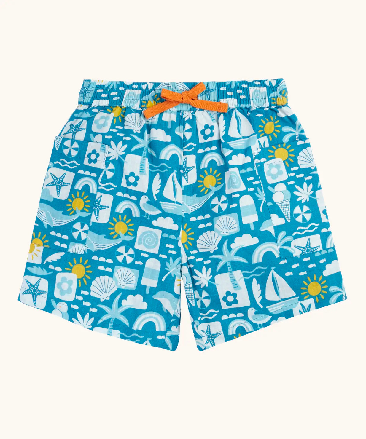 Frugi GOTS organic cotton Kai shorts in blue with repeating beach inspired designs and orange waist cord