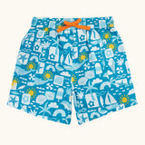 Frugi GOTS organic cotton Kai shorts in blue with repeating beach inspired designs and orange waist cord
