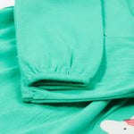 A closer look at the sleeves on the Frugi Tilly Outfit - Pacific Aqua/Wild Horses