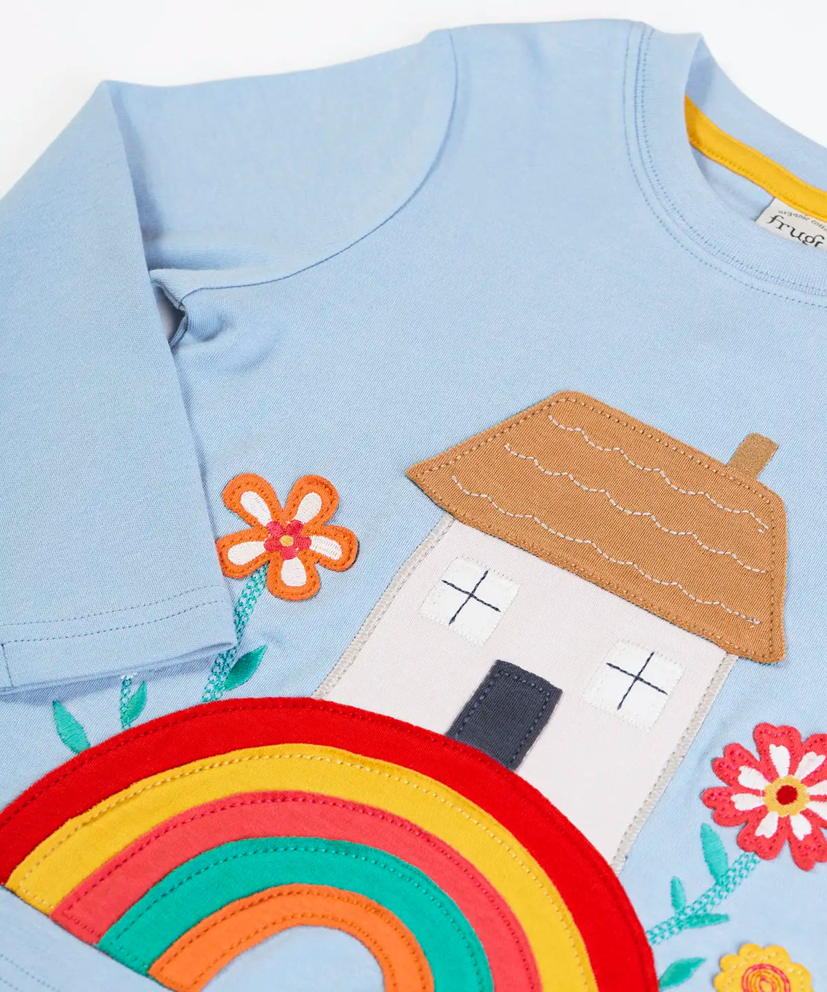 Frugi GOTS 100% organic cotton kids top in light blue with a cute house on a rainbow applique and ribbed neck line