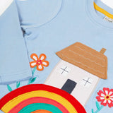 Frugi GOTS 100% organic cotton kids top in light blue with a cute house on a rainbow applique and ribbed neck line