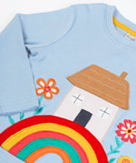 Frugi GOTS 100% organic cotton kids top in light blue with a cute house on a rainbow applique and ribbed neck line