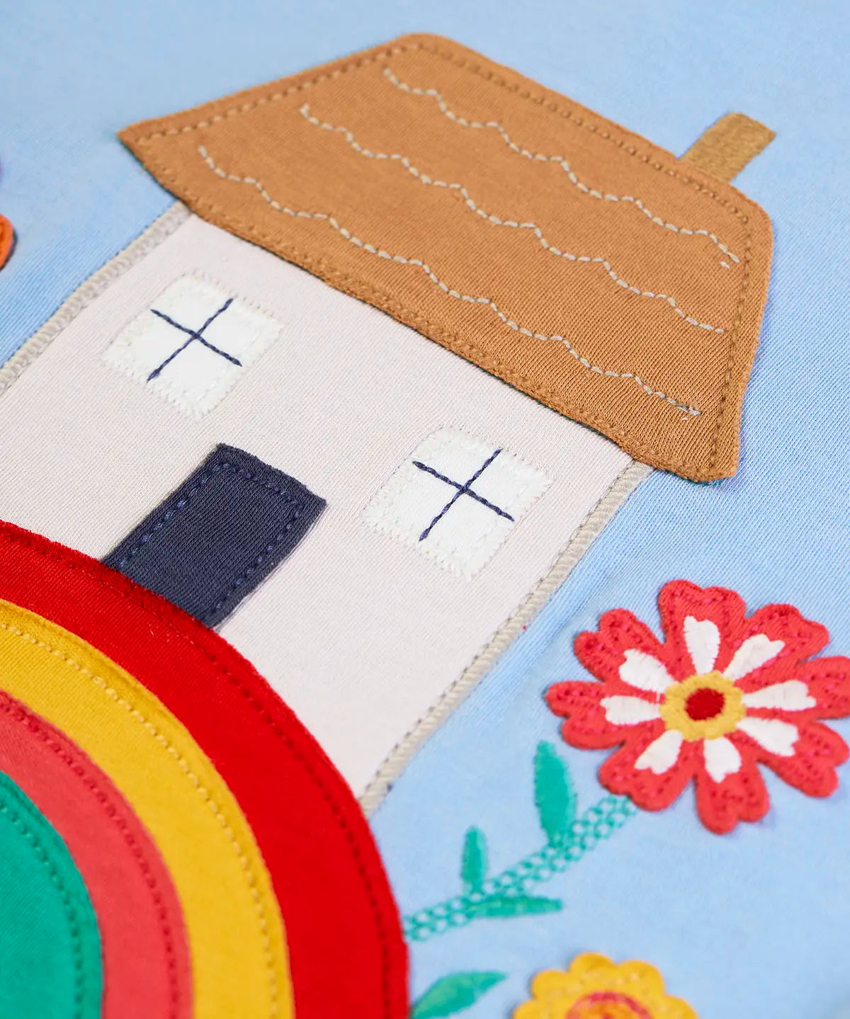 Frugi kids top showing close up of highland cottage house applique on light blue organic cotton fabric