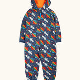 Frugi GOTS 100% organic cotton all in one hooded snuggle suit in navy with repeating playful flying rockets, full front zip and turned up cuffs