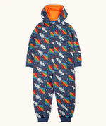 Frugi GOTS 100% organic cotton all in one hooded snuggle suit in navy with repeating playful flying rockets, full front zip and turned up cuffs