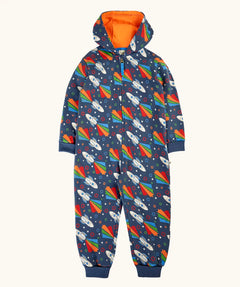 Frugi GOTS 100% organic cotton all in one hooded snuggle suit in navy with repeating playful flying rockets, full front zip and turned up cuffs